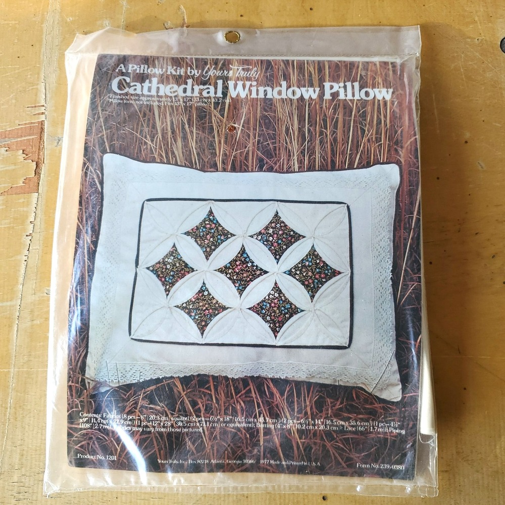Vintage Yours Truly Pillow Kit Cathedral Window  13" x 17" Fabric Lace 1977 NOS